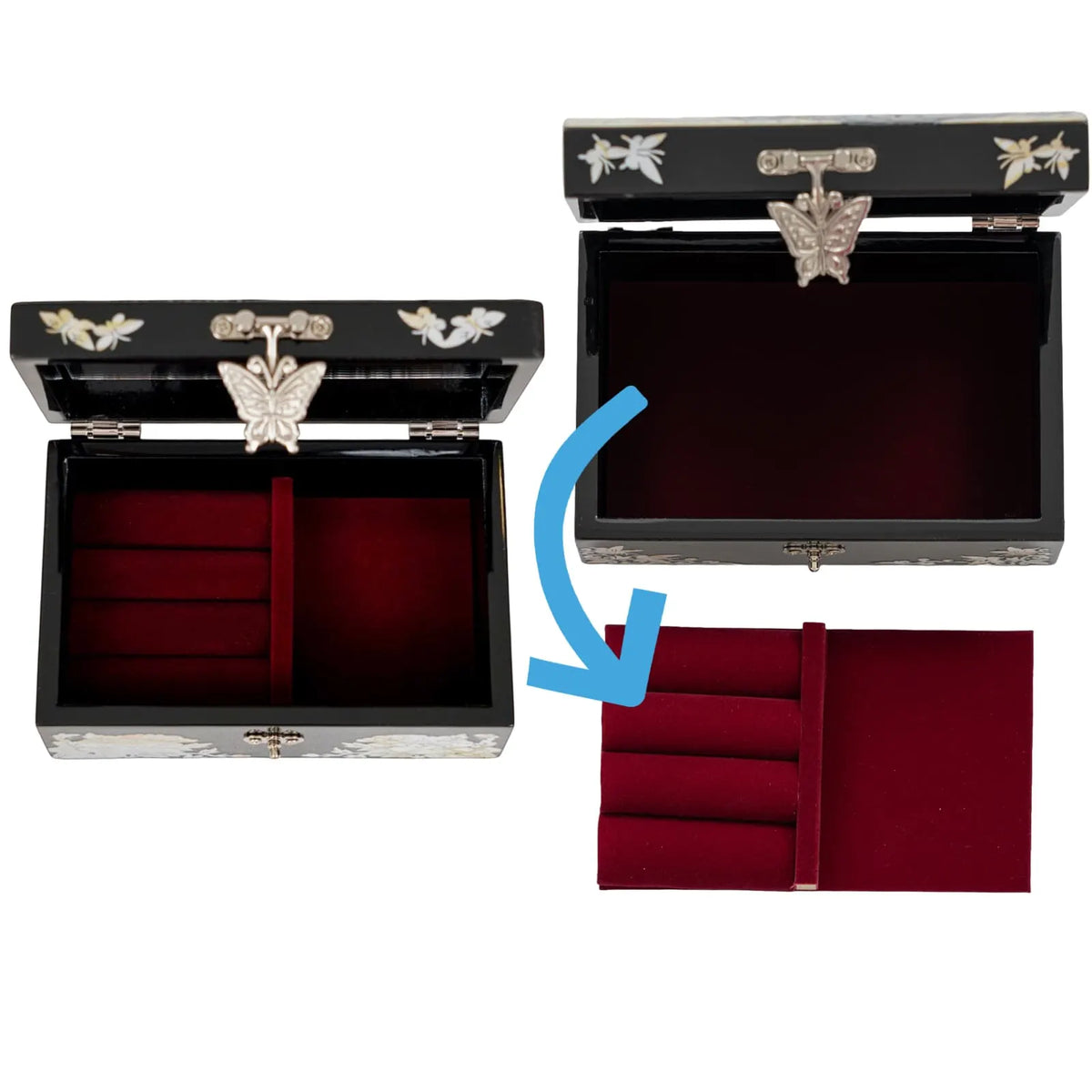 Open mother of pearl jewelry box showing red velvet interior, ring rolls and lift-out tray detail