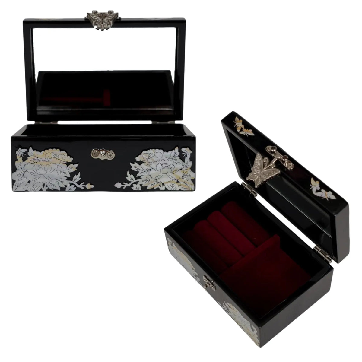 Open peony mother of pearl jewelry box, mirror lid, ring rolls and red velvet lined interior, 2 views