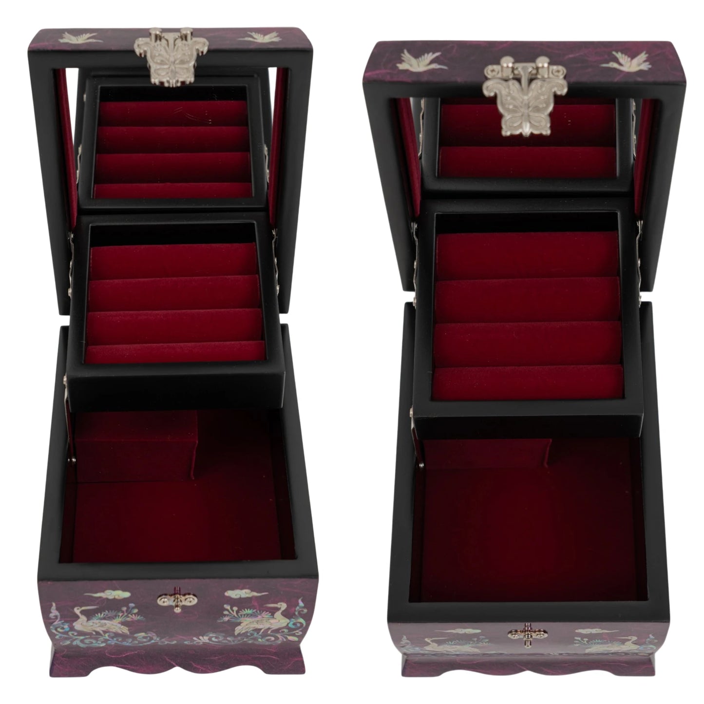 Open purple box with a red velvet interior, a tiered ring tray, and a built-in mirror, featuring iridescent bird inlays on the lid.