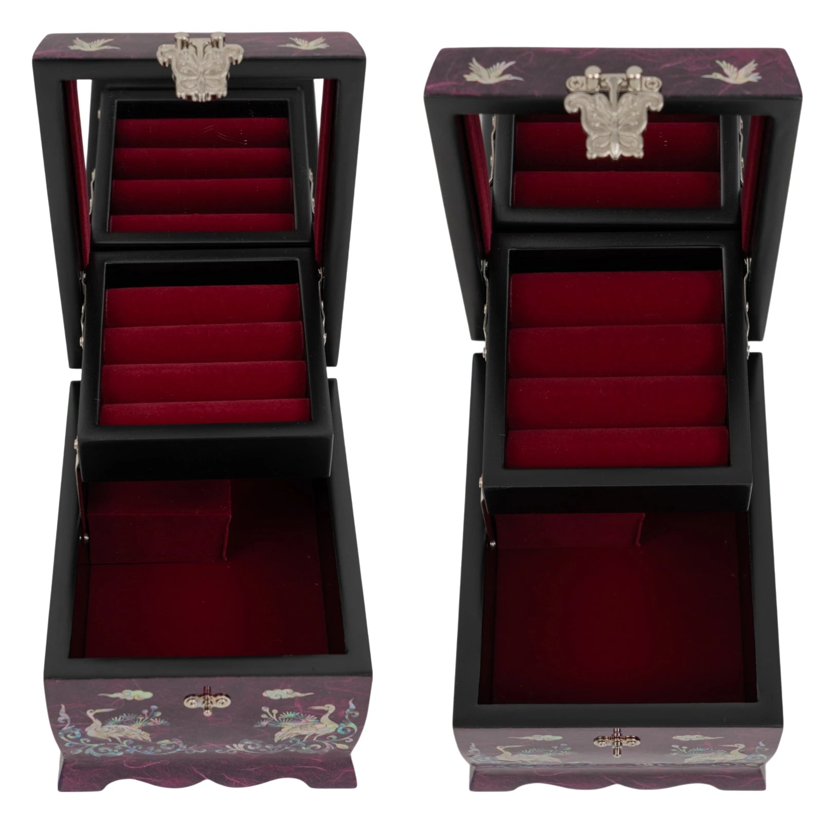Open purple box with a red velvet interior, a tiered ring tray, and a built-in mirror, featuring iridescent bird inlays on the lid.