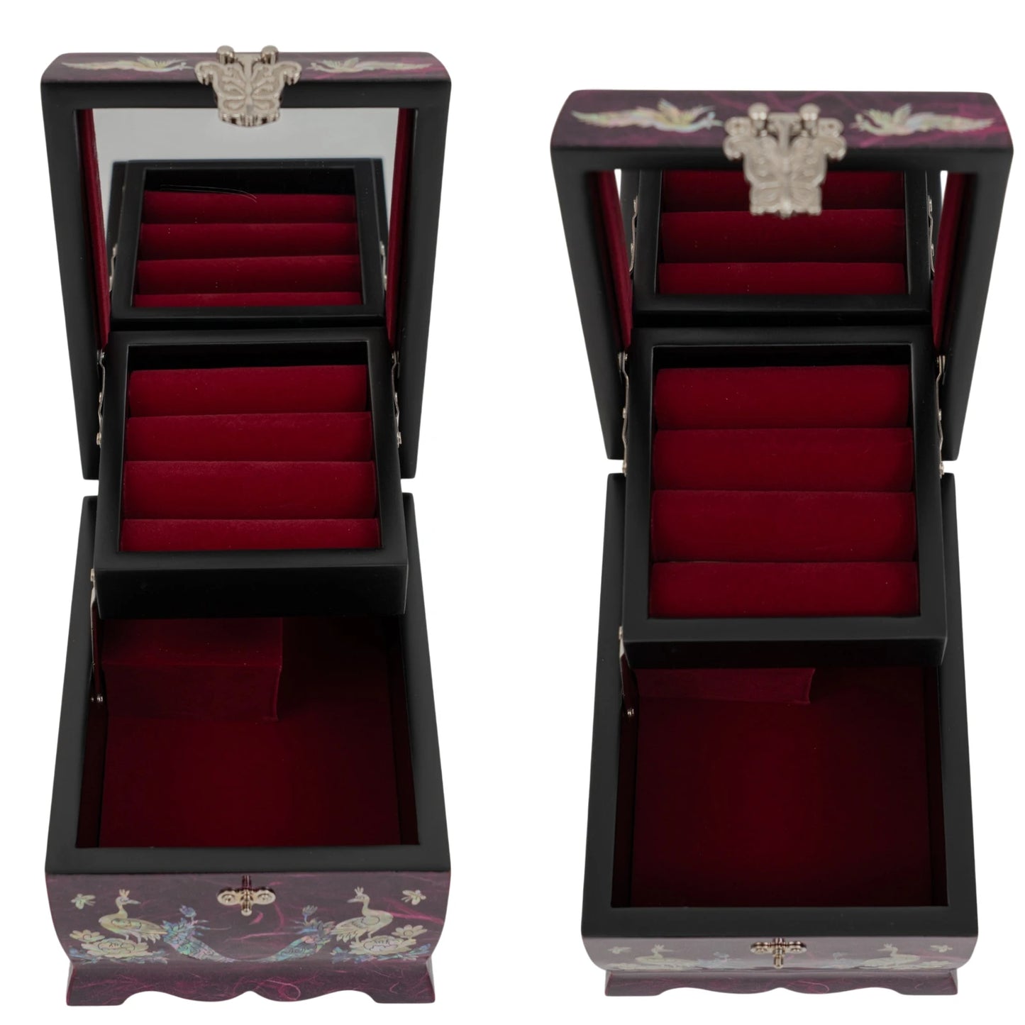 Open purple jewelry box with red velvet lining, featuring a ring organizer, built-in mirror, and iridescent mother-of-pearl peacock designs.