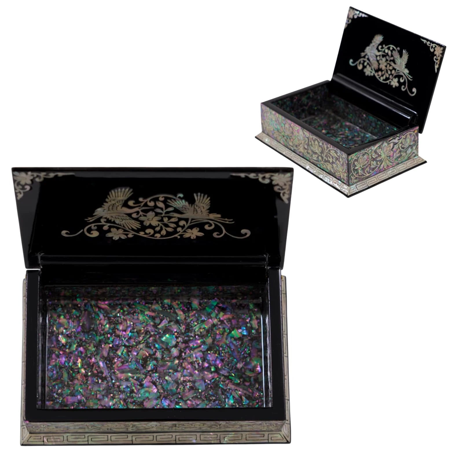 Open rectangular jewelry box showing deep storage compartment lined with iridescent mother of pearl interior