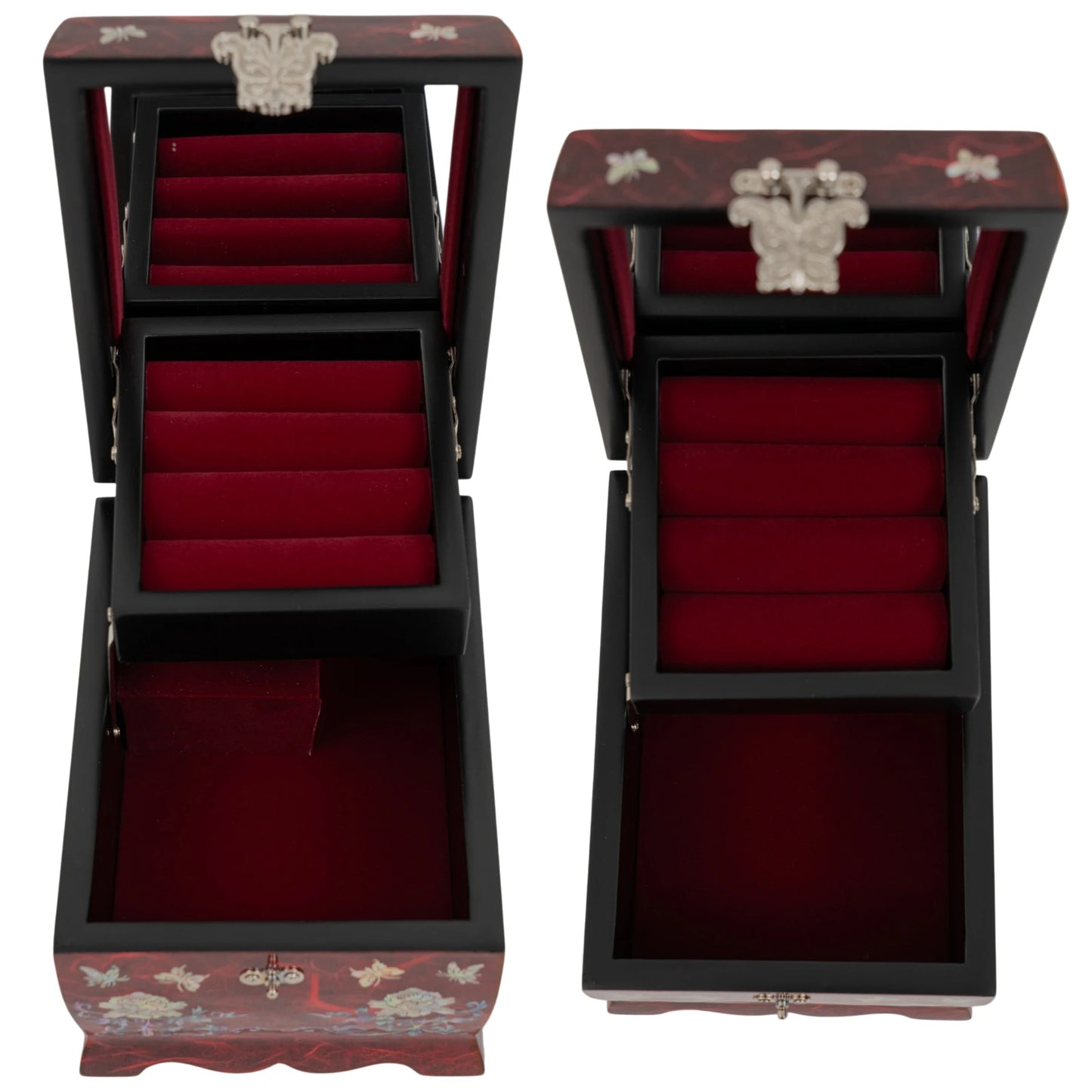 Open red Hanji jewelry box showcasing a multi-tier design with a built-in mirror, ring rolls, and a deep velvet-lined storage compartment.