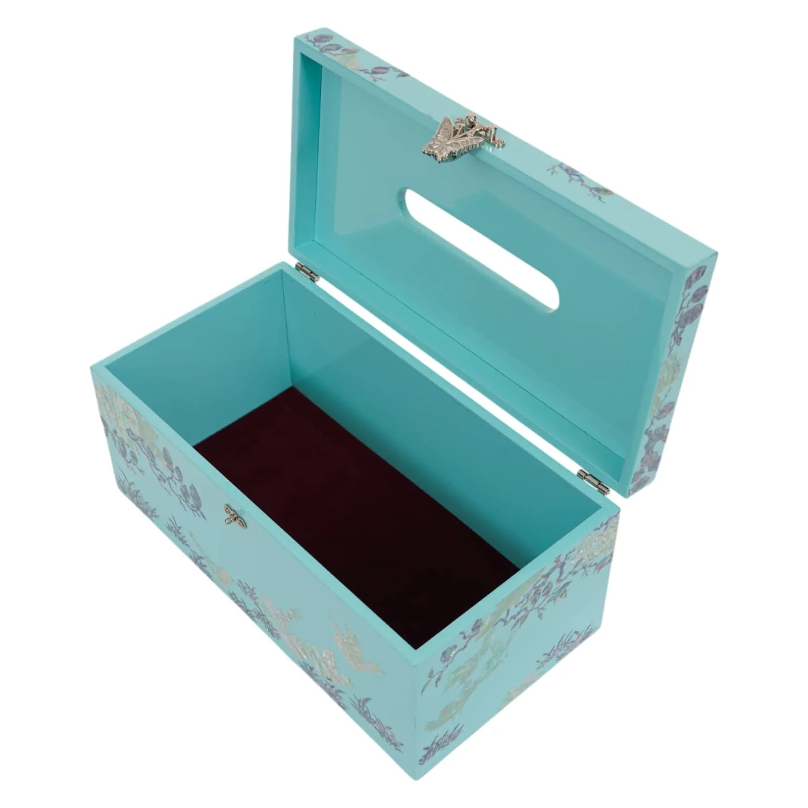Open turquoise tissue box with butterfly clasp and burgundy velvet lining