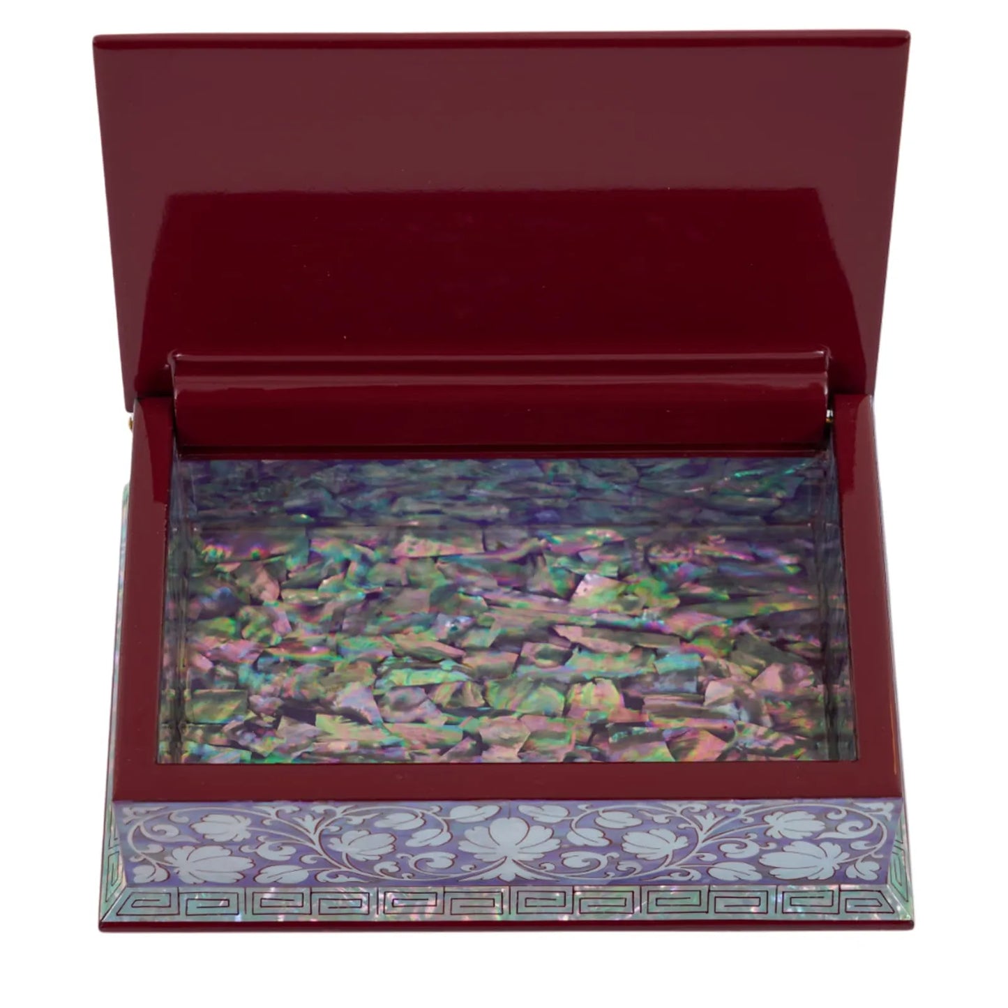 Open view of small red lacquer box lined with glossy abalone shell interior.