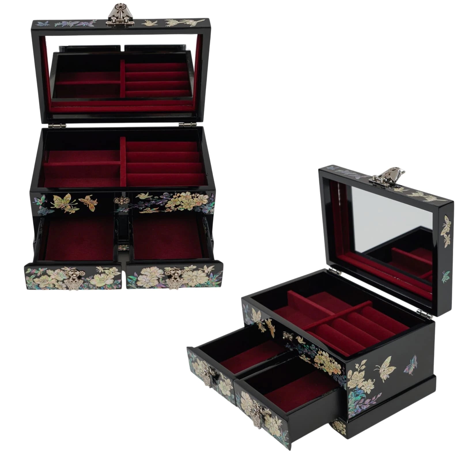 Overhead open view revealing a mirror, three dedicated ring slots, and red velvet compartments, perfect for protecting rings, earrings, and necklaces