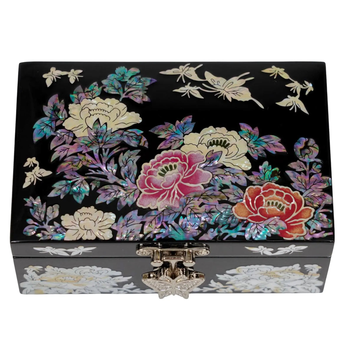 Peony mother of pearl jewelry box, black lacquer with pink and red peonies, inset showing red velvet