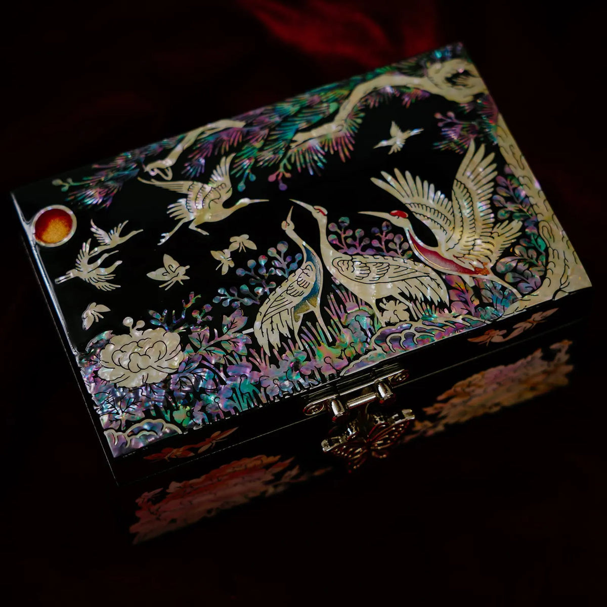 Peony mother of pearl jewelry box, four views of butterfly clasp, hinges and white peony side inlay