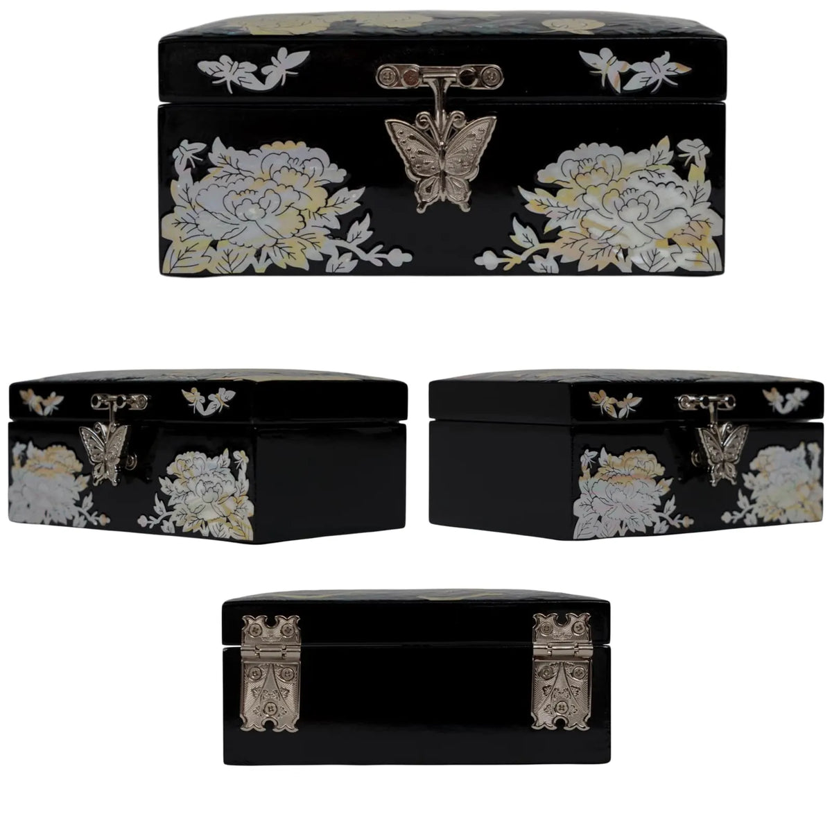 Peony mother of pearl jewelry box shown from four angles, butterfly clasp, hinges and side inlay detail