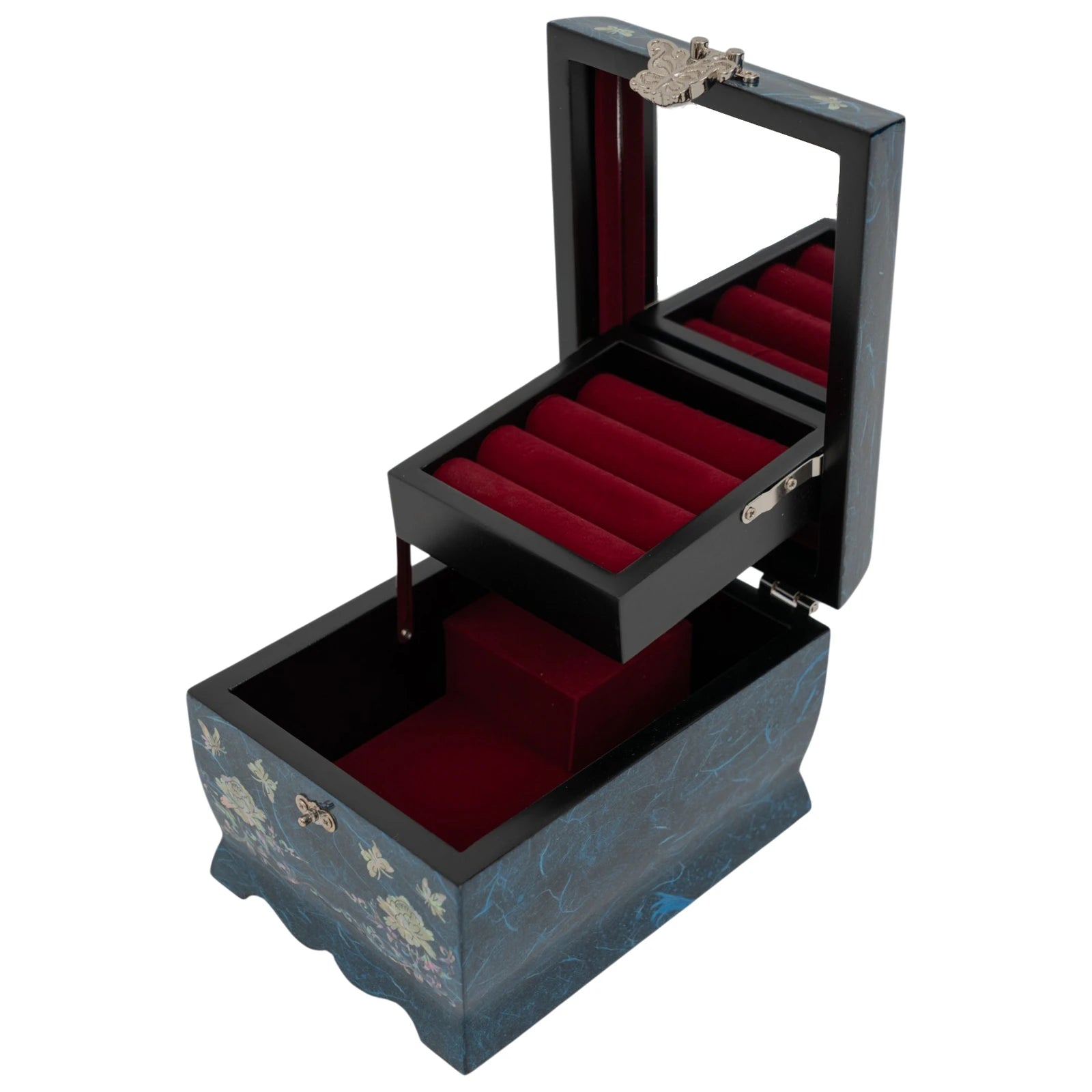 Perspective view of an open blue box showing the pop-up tiered compartment for rings and the soft red velvet interior lining.