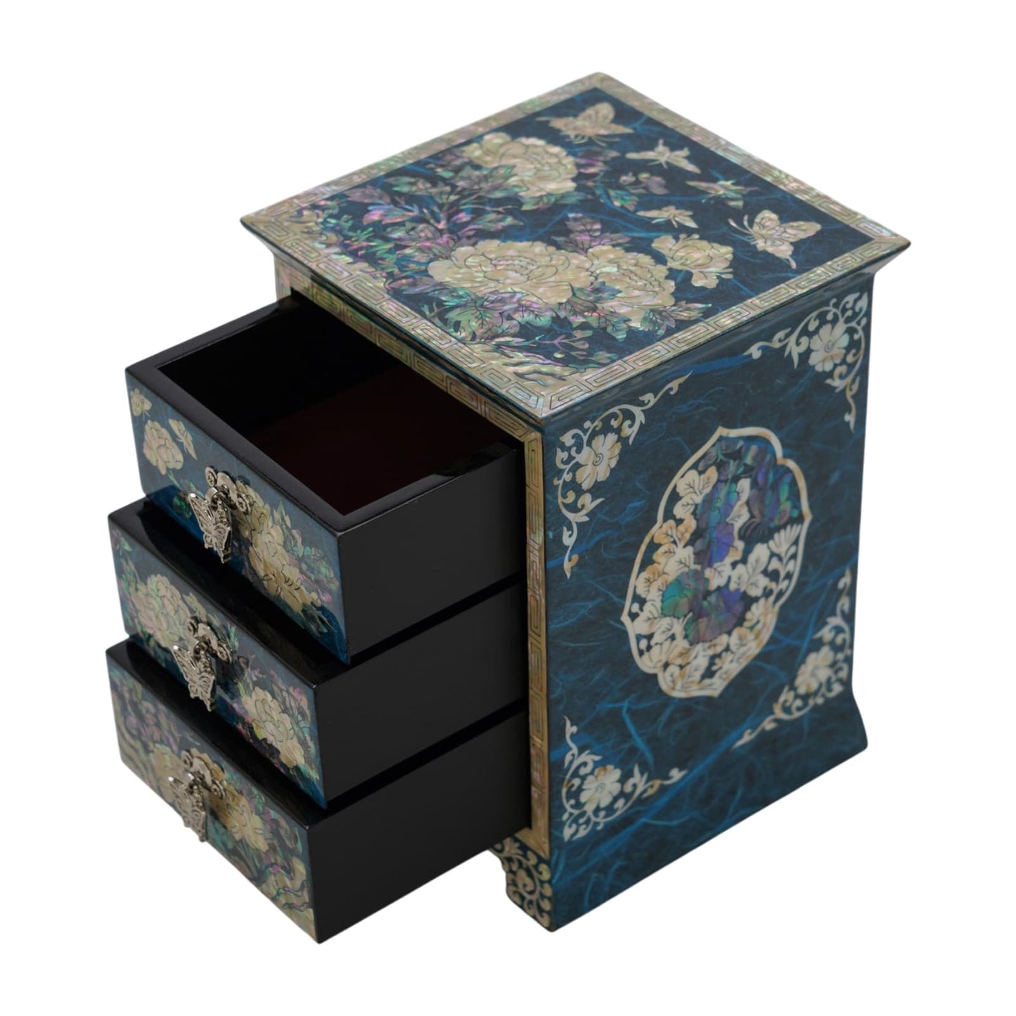 Perspective view of blue lacquerware box with velvet-lined open drawers, luxury shell art gift for her, peacock blue home decor