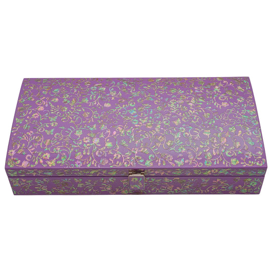 Purple jewelry box top view with intricate floral inlay