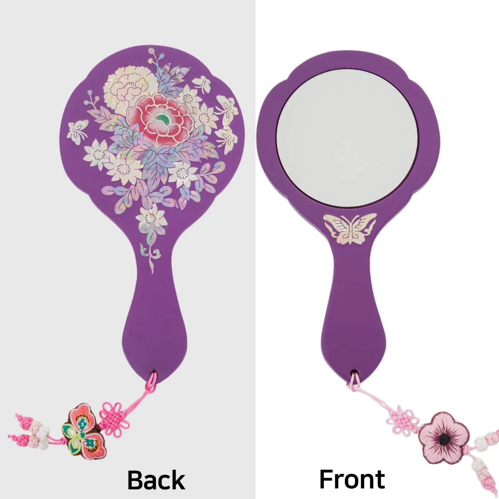 Purple hand mirror with floral inlay and butterfly tassel, front and back views