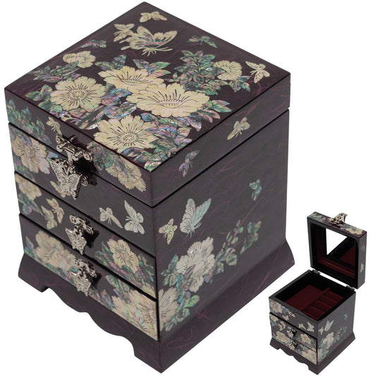 Purple jewelry box with floral and butterfly mother-of-pearl inlay, featuring butterfly-shaped clasps
