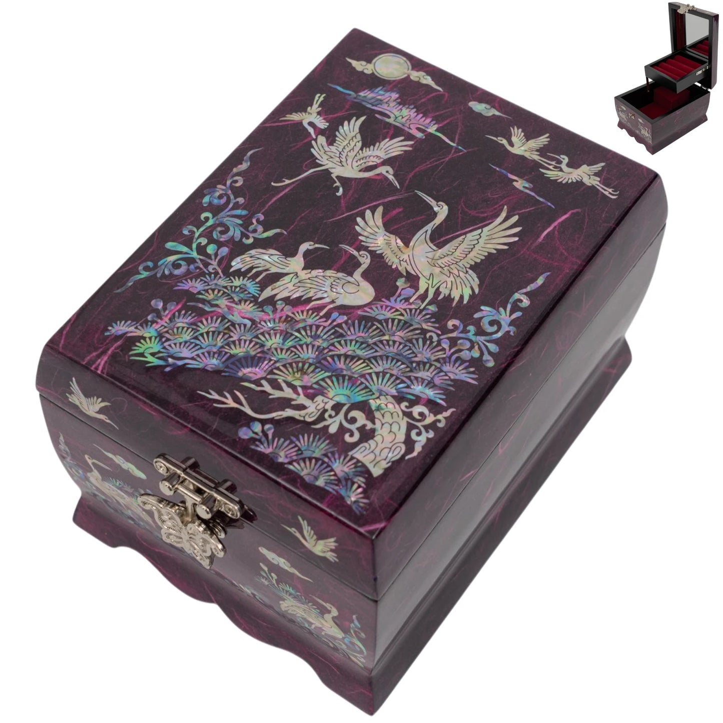Purple lacquerware jewelry box adorned with iridescent mother-of-pearl inlays of traditional cranes, pine trees, and a full moon.
