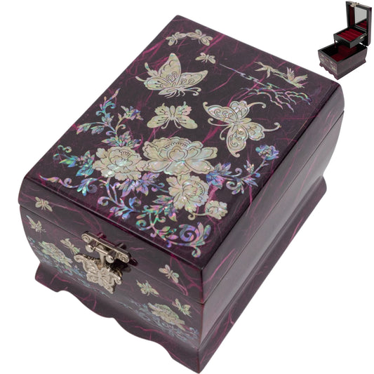 Purple mother-of-pearl jewelry box with butterfly floral design, Korean lacquer keepsake storage box for rings and earrings