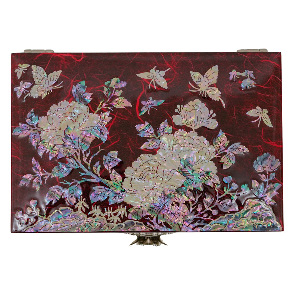 Peony with Butterflies Large Red Jewelry Box