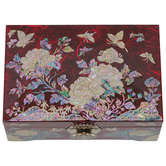 Peony with Butterflies Large Red Jewelry Box