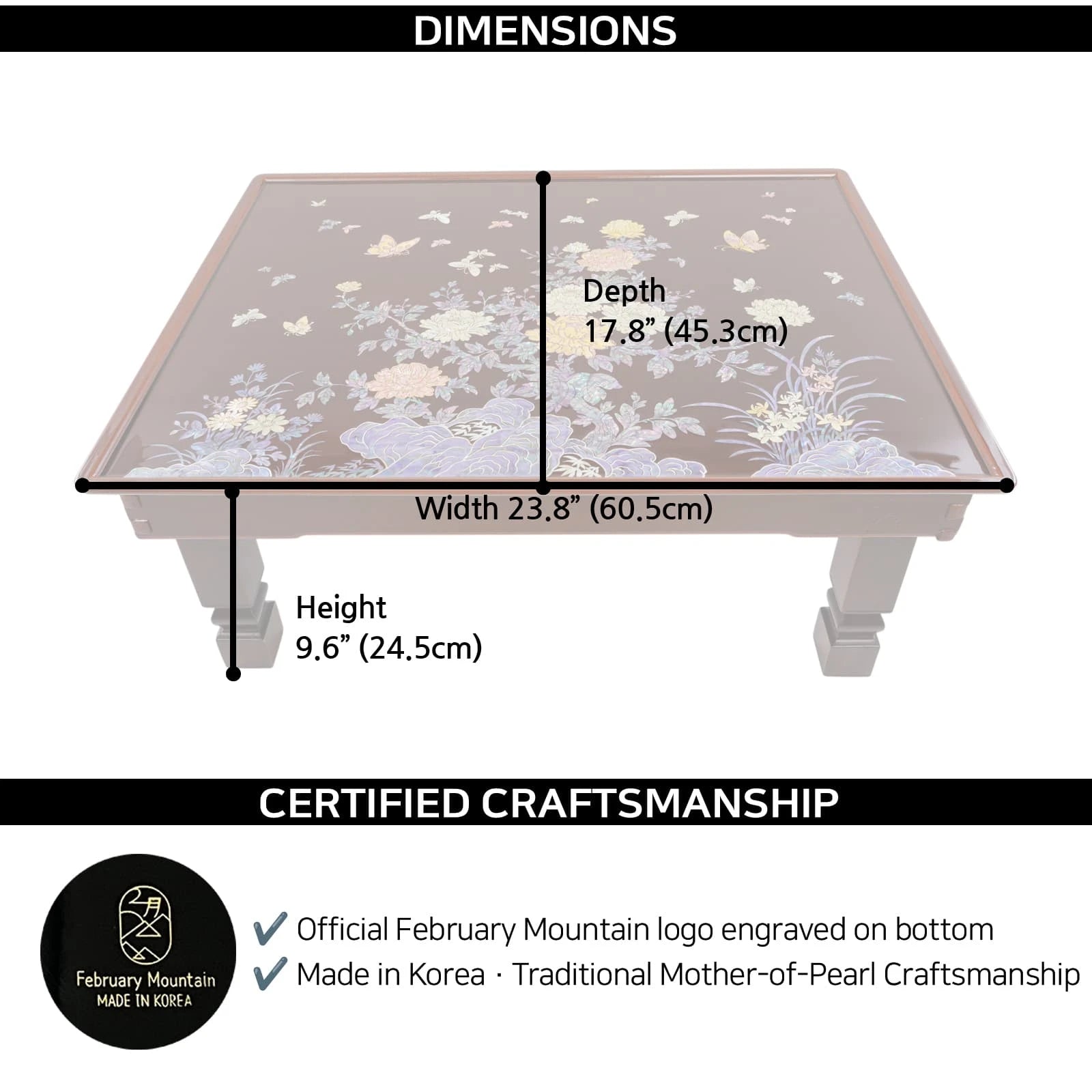 Rectangular Korean mother of pearl inlay wooden coffee table with floral and butterfly design, 23.8 in W x 17.8 in D x 9.6 in H (60.5 x 45.3 x 24.5 cm)