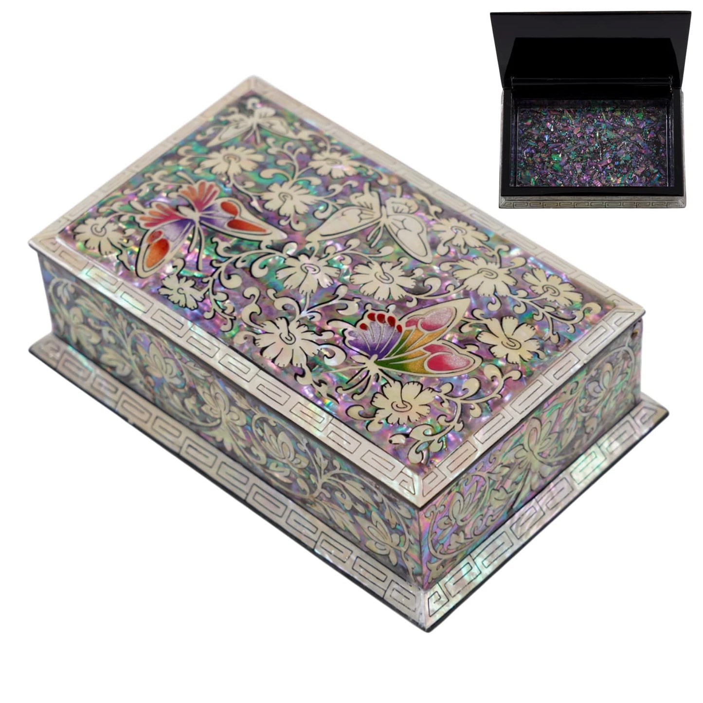 Rectangular black lacquer jewelry box with mother of pearl butterfly and floral inlay, decorative storage box shown closed