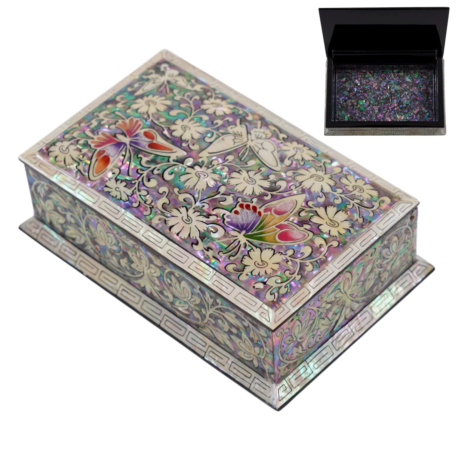 Rectangular black lacquer jewelry box with mother of pearl butterfly and floral inlay, decorative storage box shown closed