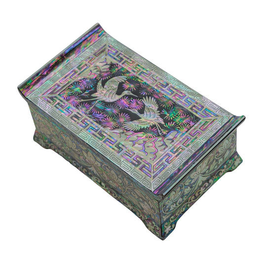 Rectangular mother-of-pearl Trinket box with Crane design, intricate patterns, and vibrant colors