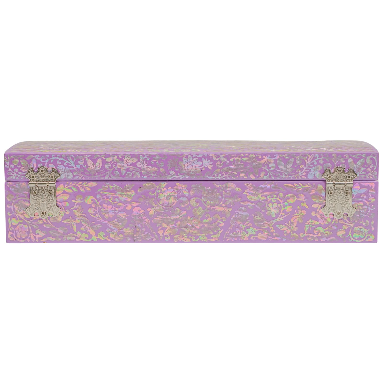 Rectangular purple jewelry box with floral mother-of-pearl inlay and antique silver clasp