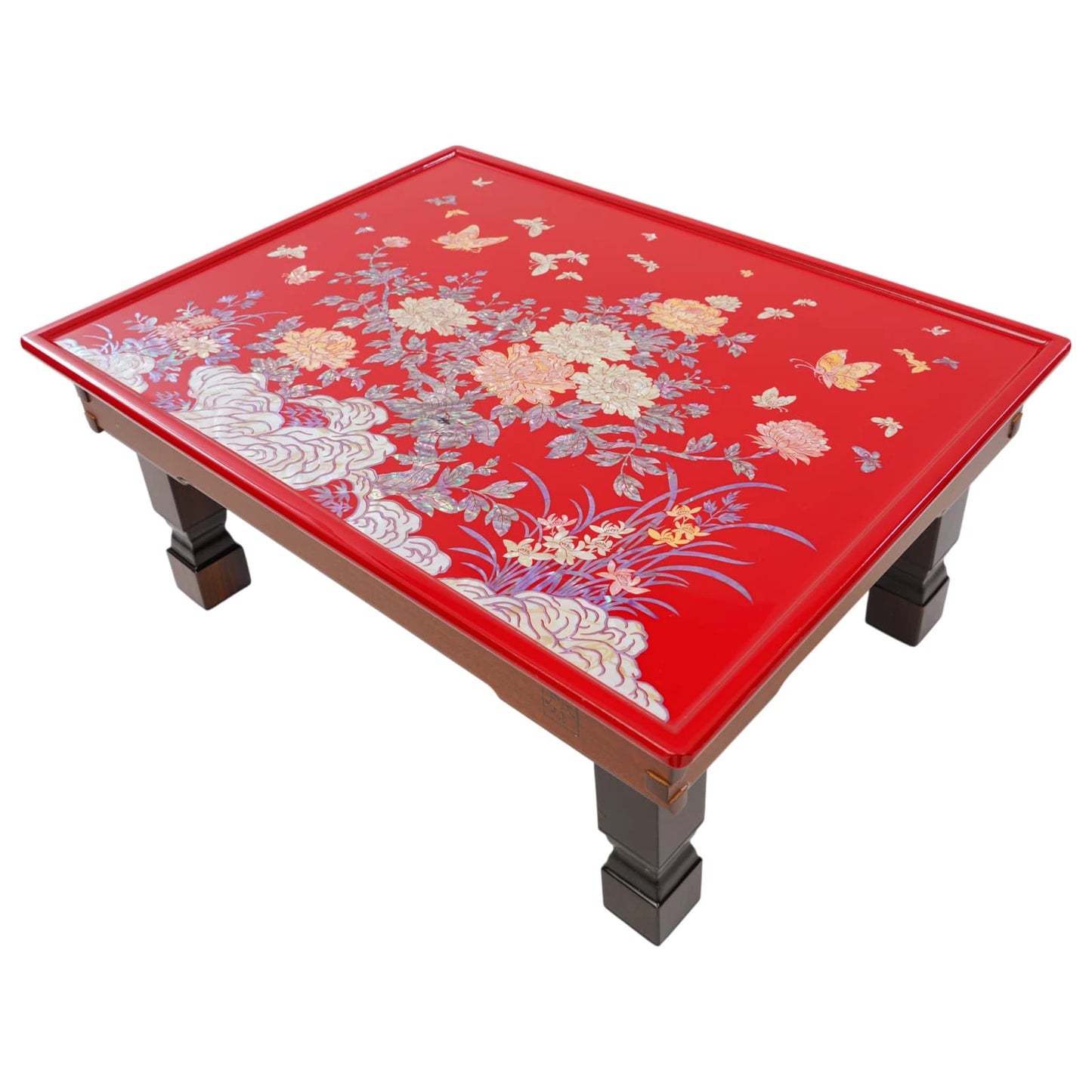 Red Korean mother-of-pearl inlay coffee table with peony floral and butterfly design, traditional low wooden floor table