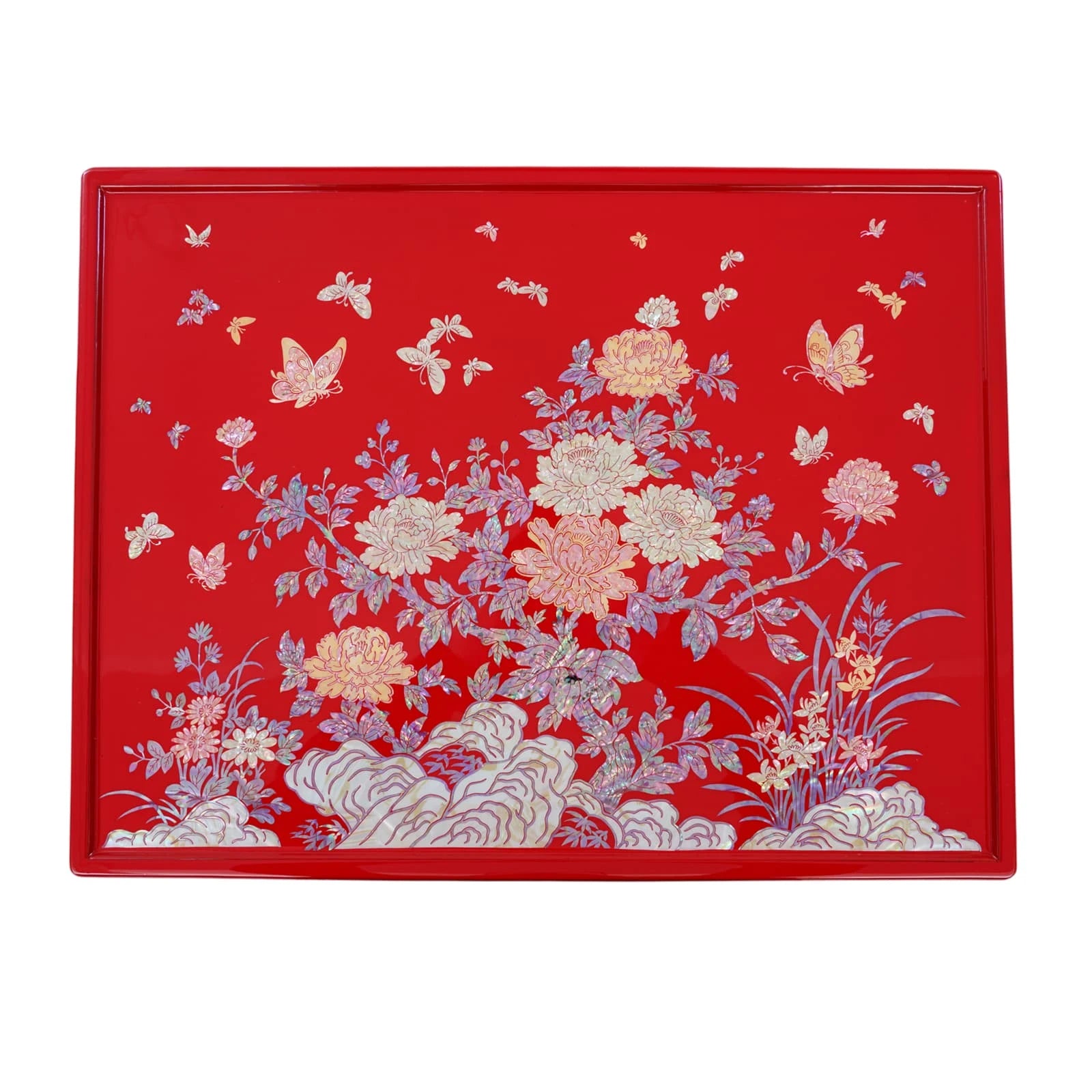 Red Korean mother-of-pearl inlay tray top with peony flowers and butterflies, traditional Korean lacquerware serving tray design