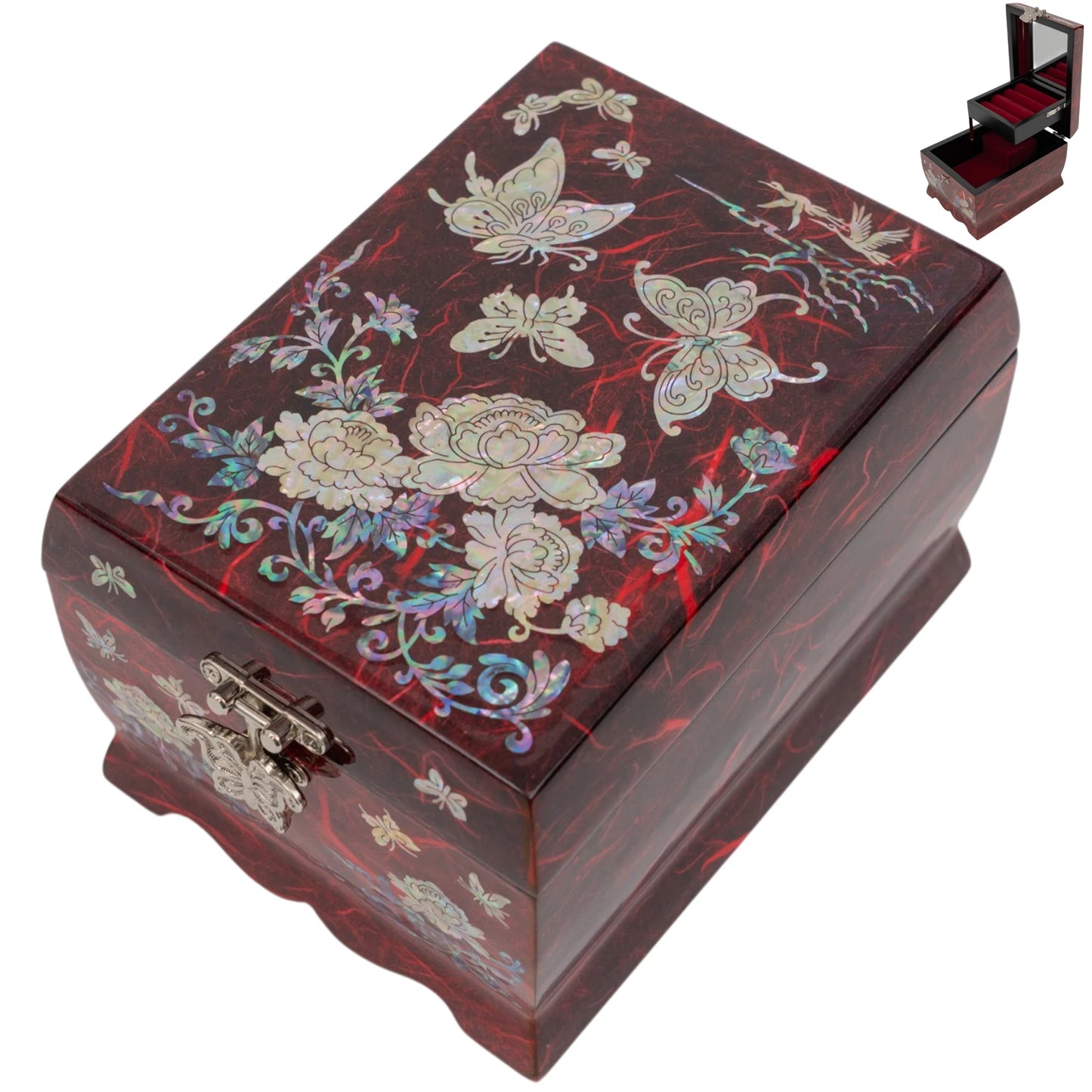 Red Korean mother-of-pearl lacquer jewelry box with floral butterfly inlay, traditional keepsake box for women gifts