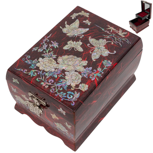 Red Korean mother-of-pearl lacquer jewelry box with floral butterfly inlay, traditional keepsake box for women gifts