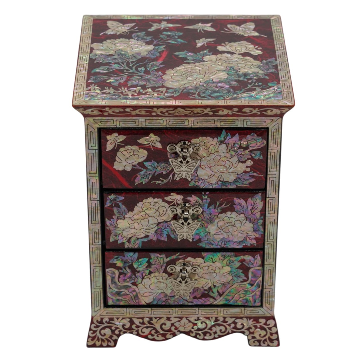 Red and blue mother of pearl jewelry boxes side by side, handcrafted Korean lacquerware set, traditional oriental vanity chest decor