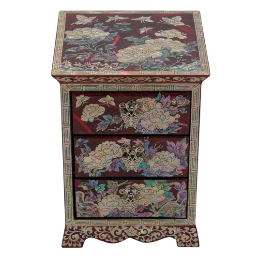 Red and blue mother of pearl jewelry boxes side by side, handcrafted Korean lacquerware set, traditional oriental vanity chest decor