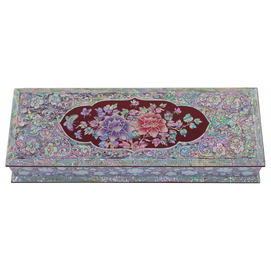 Red lacquer box with peony and butterfly inlay, framed with intricate floral designs