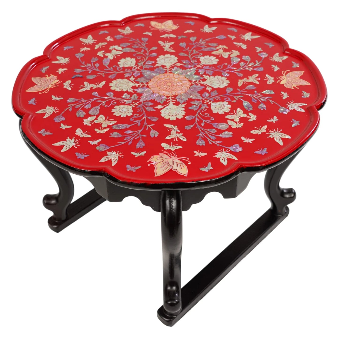 Red lacquer mother-of-pearl inlay round tray table on black stand, traditional Korean decorative furniture
