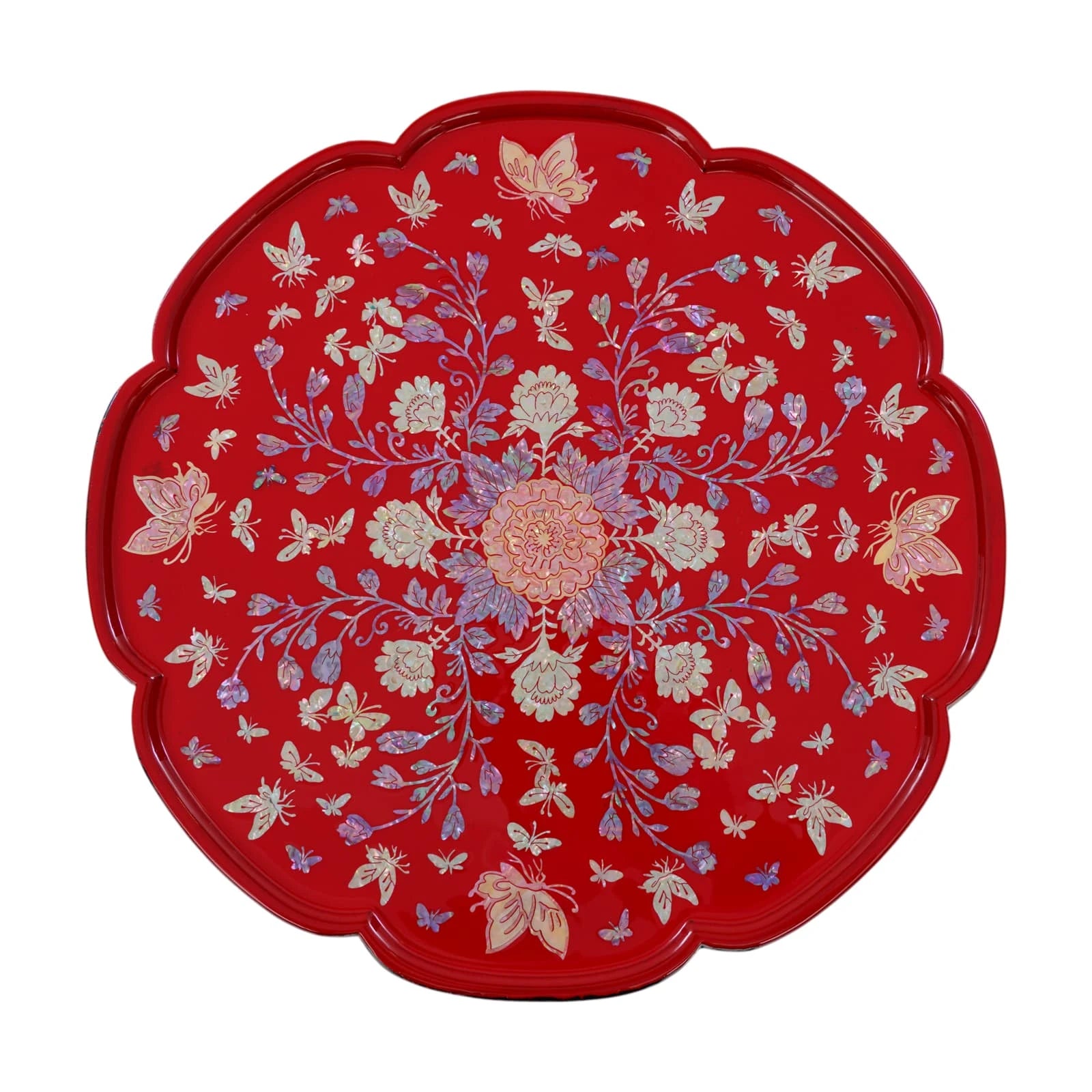 Red lacquer mother-of-pearl inlay round tray with intricate floral and butterfly pattern, scalloped edge
