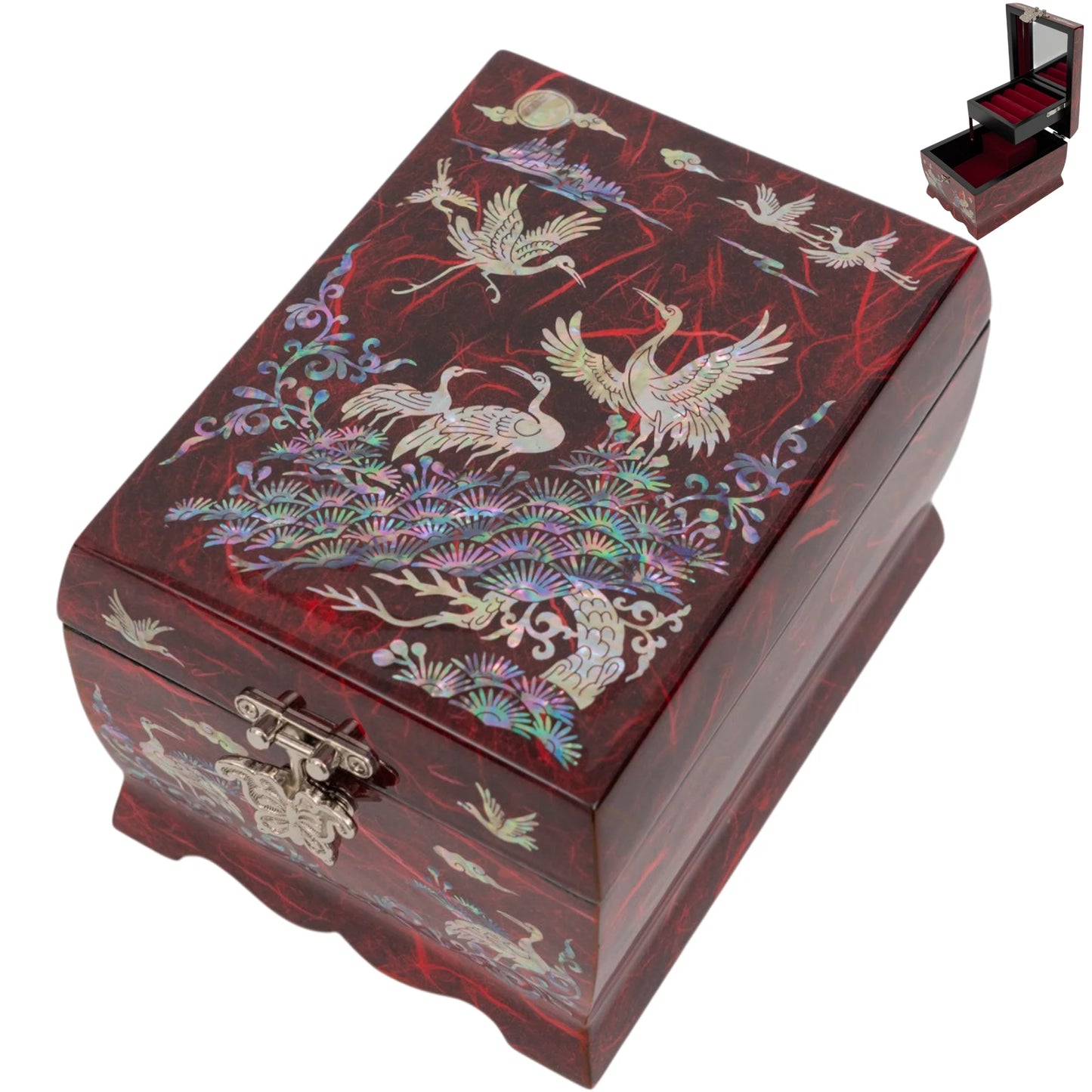 Red lacquerware box with intricate mother-of-pearl cranes and pine trees, secured by a silver butterfly-shaped metal clasp