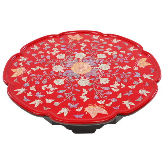 Red mother-of-pearl inlay round lacquer tray table with floral and butterfly design, decorative Korean serving tray