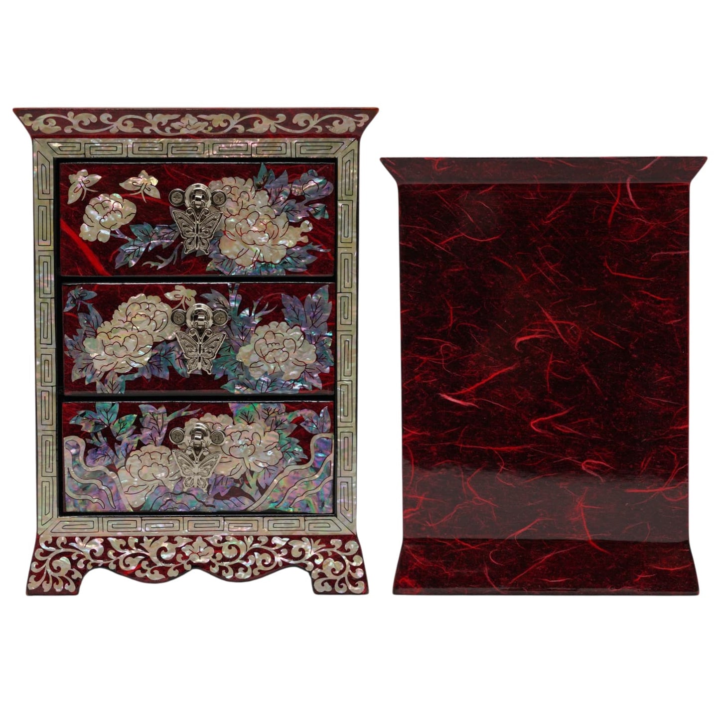 Red mother of pearl jewelry box front and back, traditional Korean lacquerware with shell inlay, oriental red vanity accessory