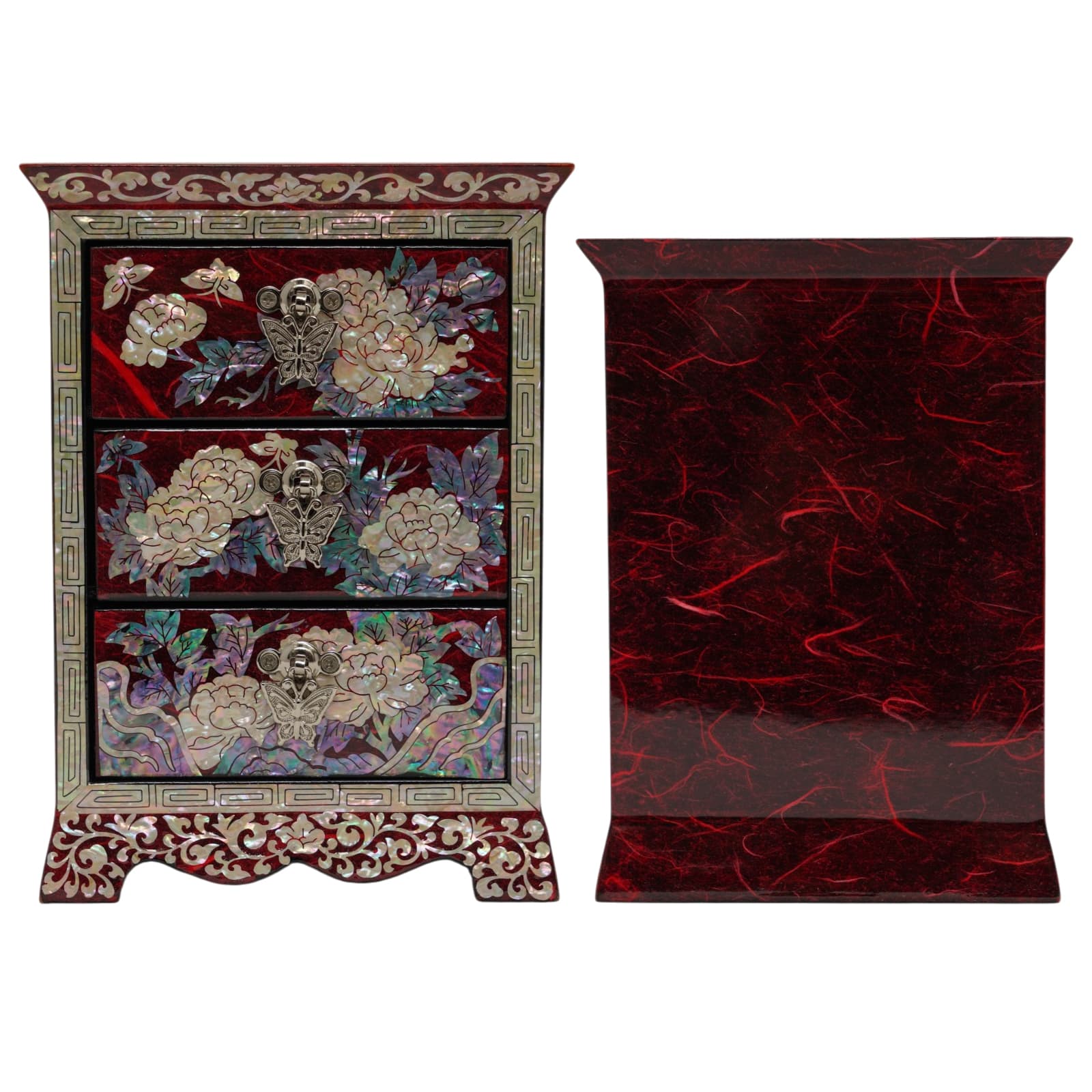 Red mother of pearl jewelry box front and back, traditional Korean lacquerware with shell inlay, oriental red vanity accessory
