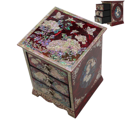 Red mother of pearl jewelry box with open drawers, handmade Korean lacquerware with iridescent shell inlay, luxury vanity organizer gift