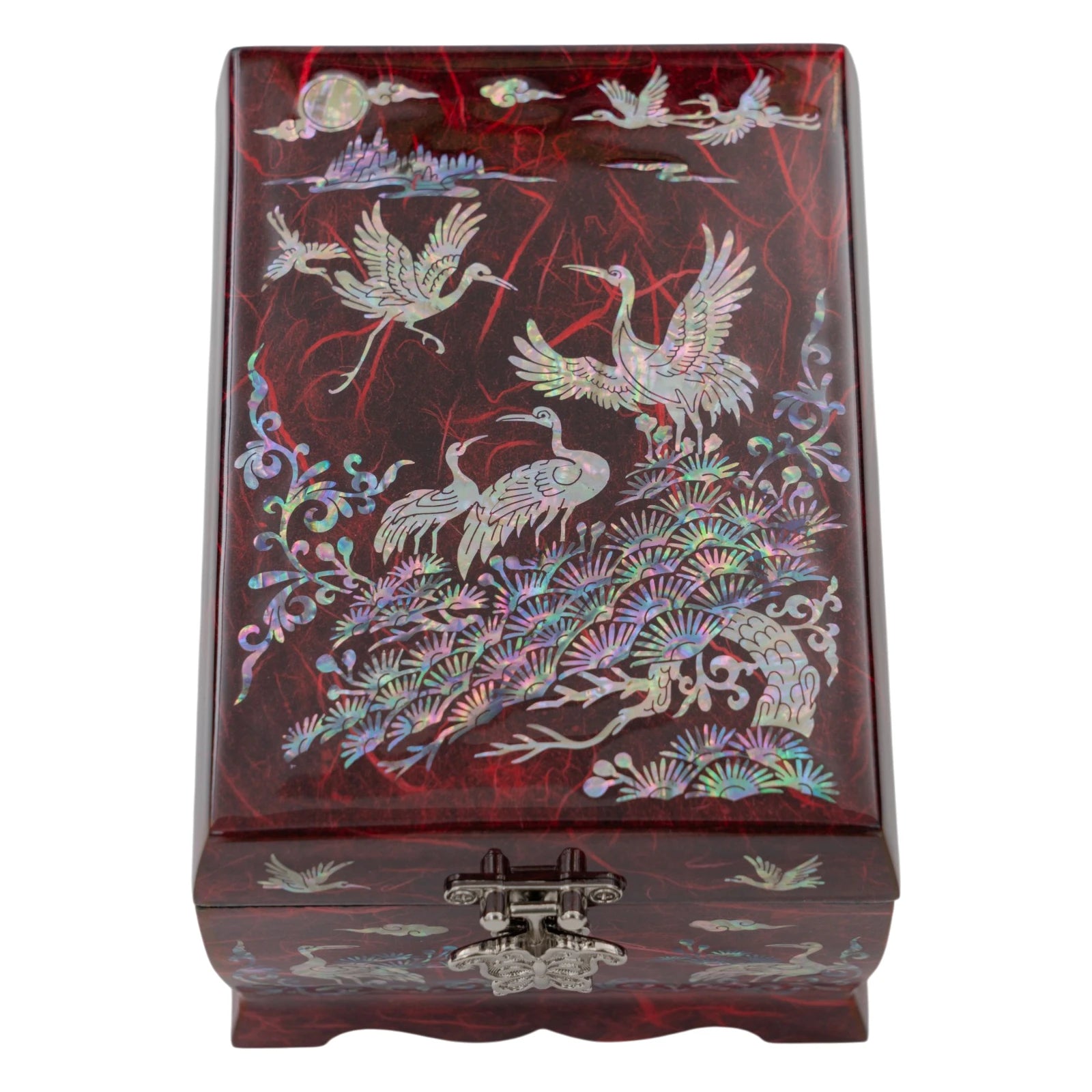 Red textured Hanji box showcasing intricate mother-of-pearl crane and pine tree designs, secured by a decorative silver butterfly latch.