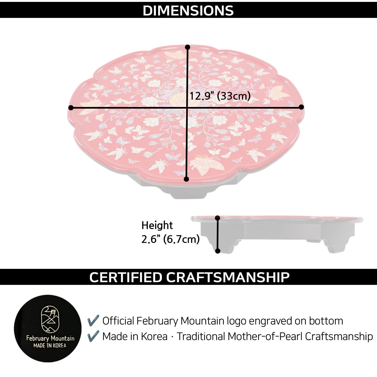 Round Korean mother-of-pearl inlay low table with floral and butterfly motif, 12.9 inch diameter and 2.6 inch height (33 x 6.7 cm)