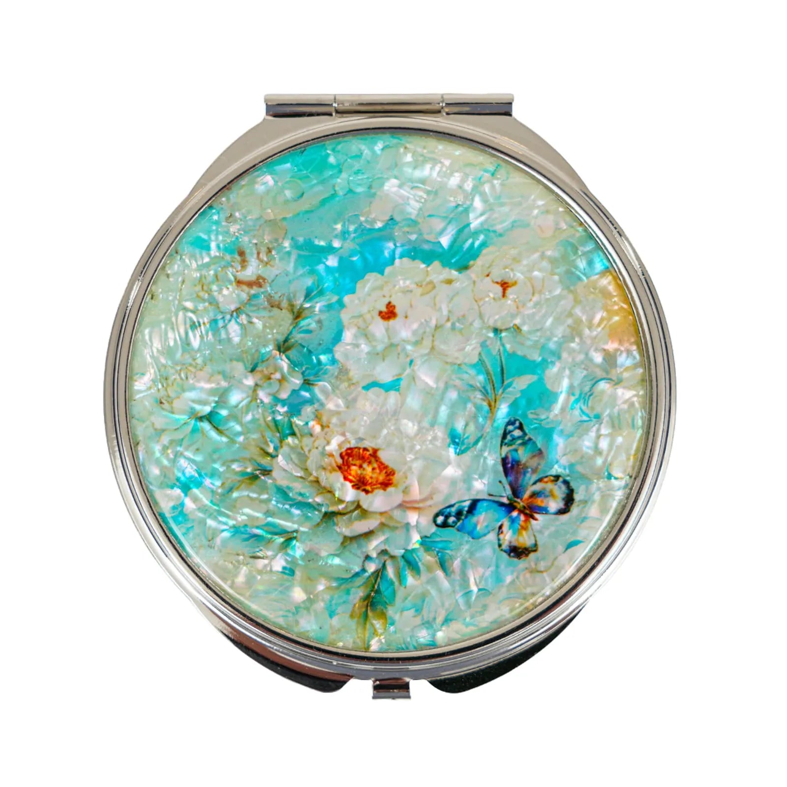 Round mirror with white flowers and butterfly on blue background, front view
