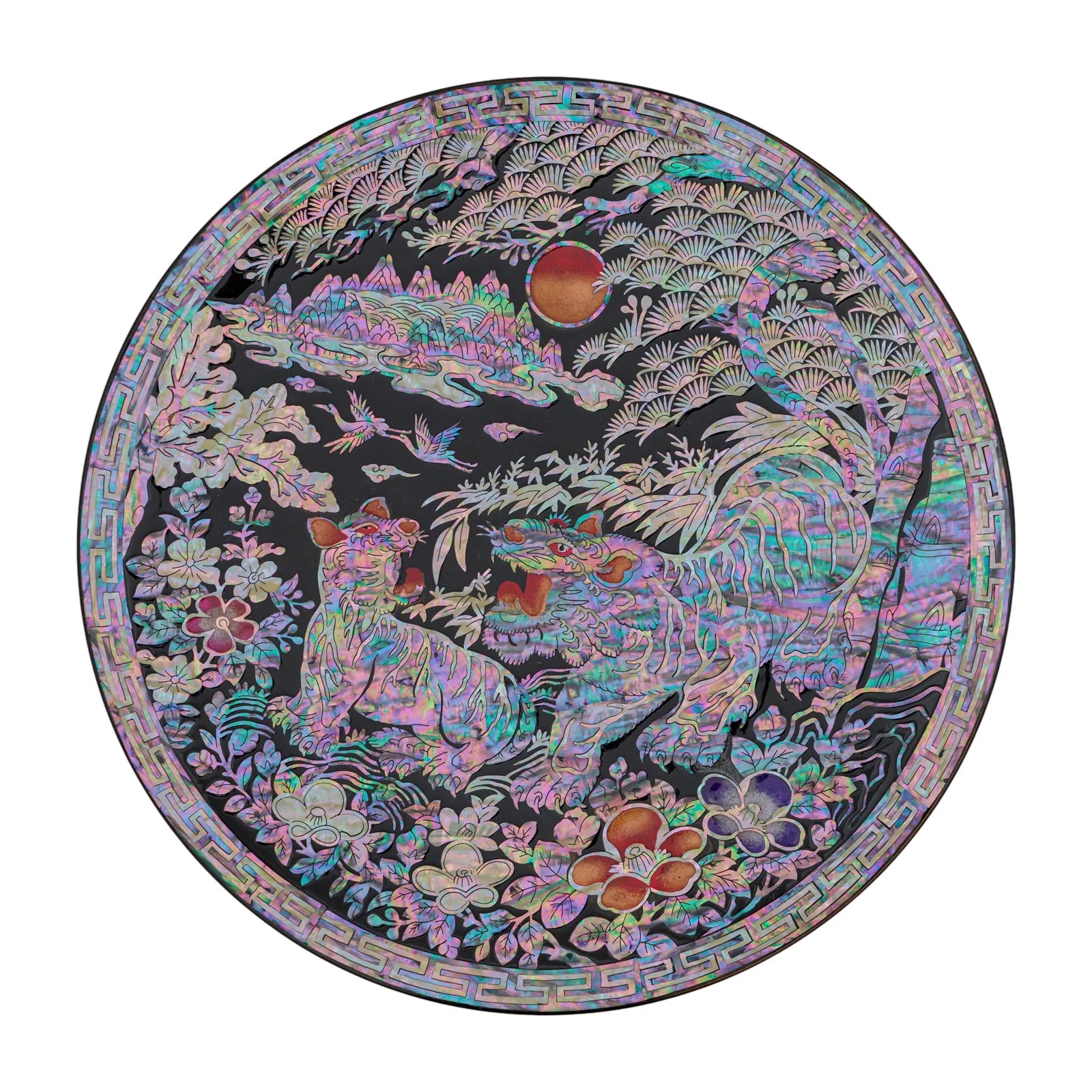 Round mother of pearl decorative plate with tiger and landscape artwork, handcrafted oriental style wall decor with iridescent shell inlay
