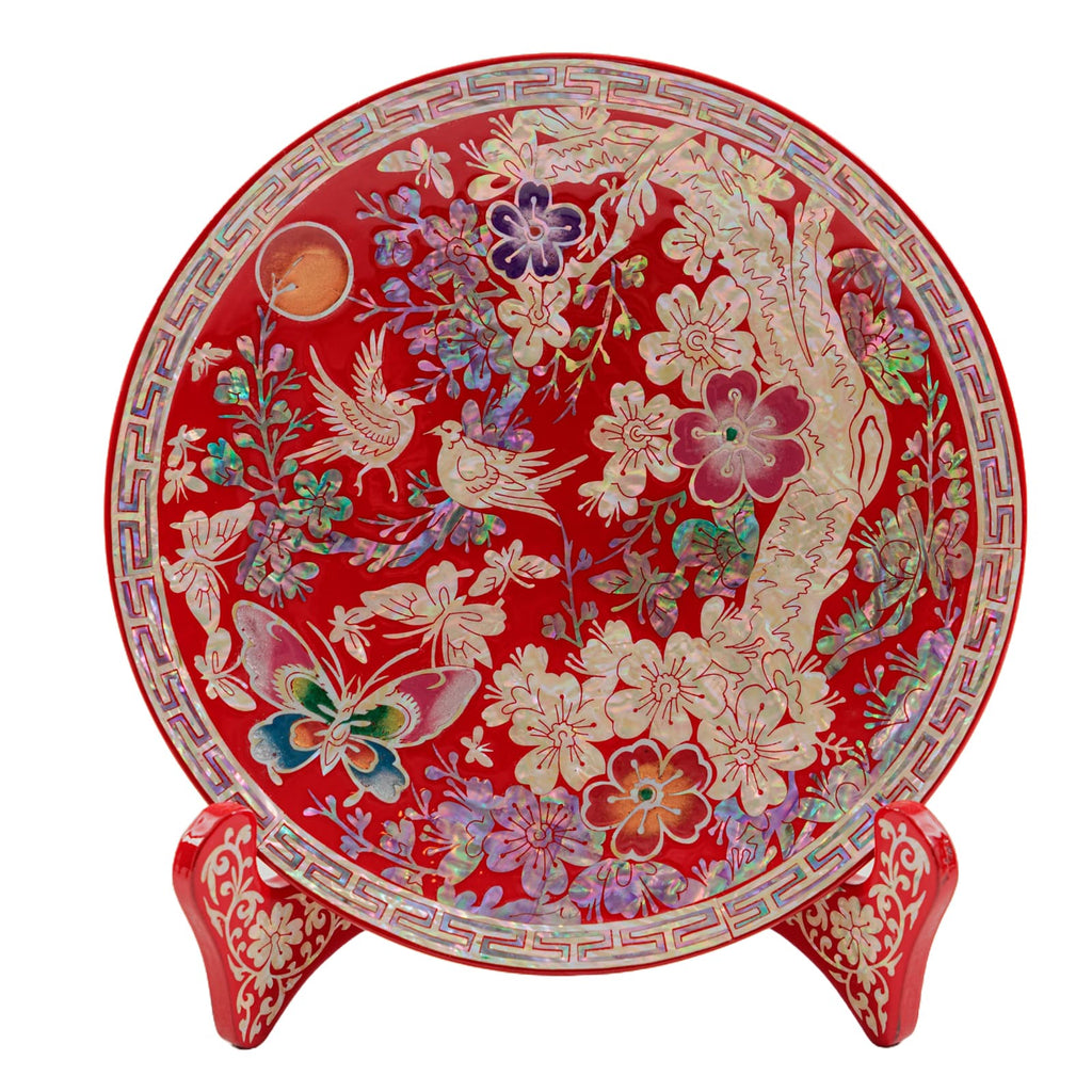 Korean Mother-of-Pearl Inlay Decorative Plate - Floral and Bird Design