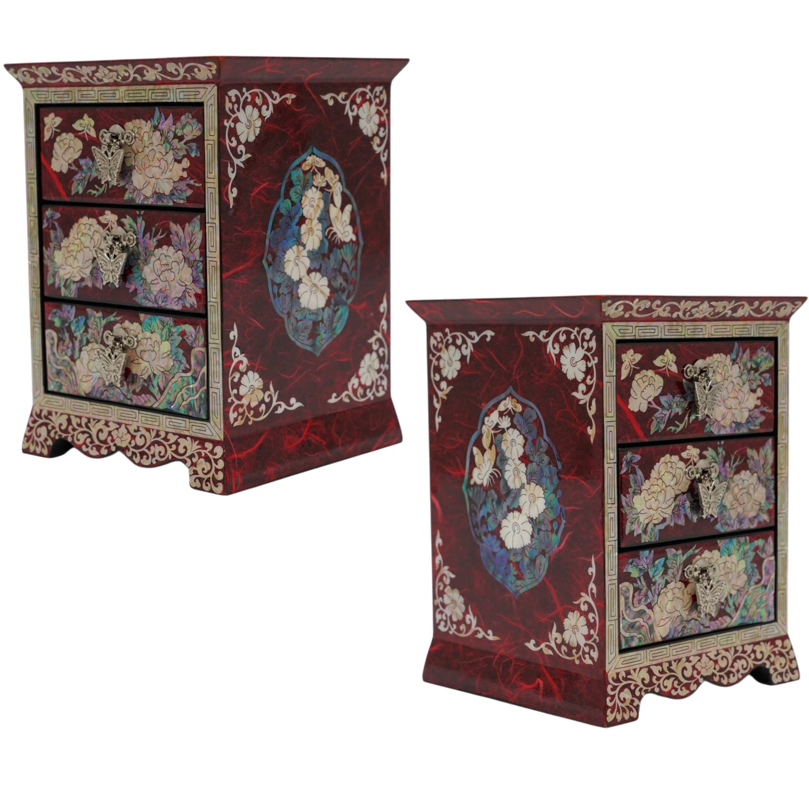 Set of two red Korean jewelry chests, handcrafted butterfly and peony shell inlay, vibrant red lacquer gift for collectors