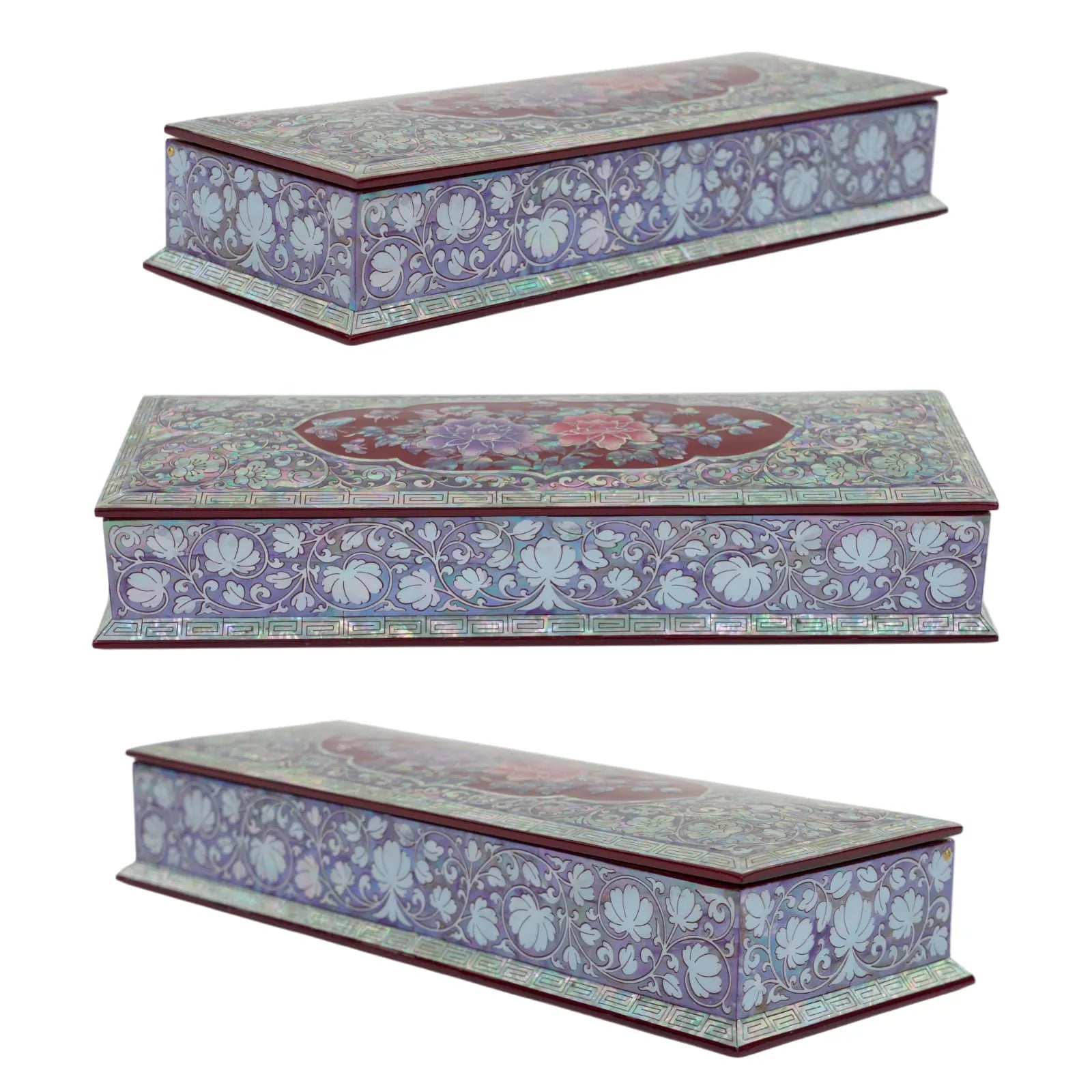 Side and angled views of floral mother-of-pearl inlay on red lacquer box