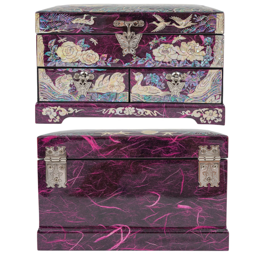 Front and back views of jewelry box with cranes, peonies, and butterfly clasp