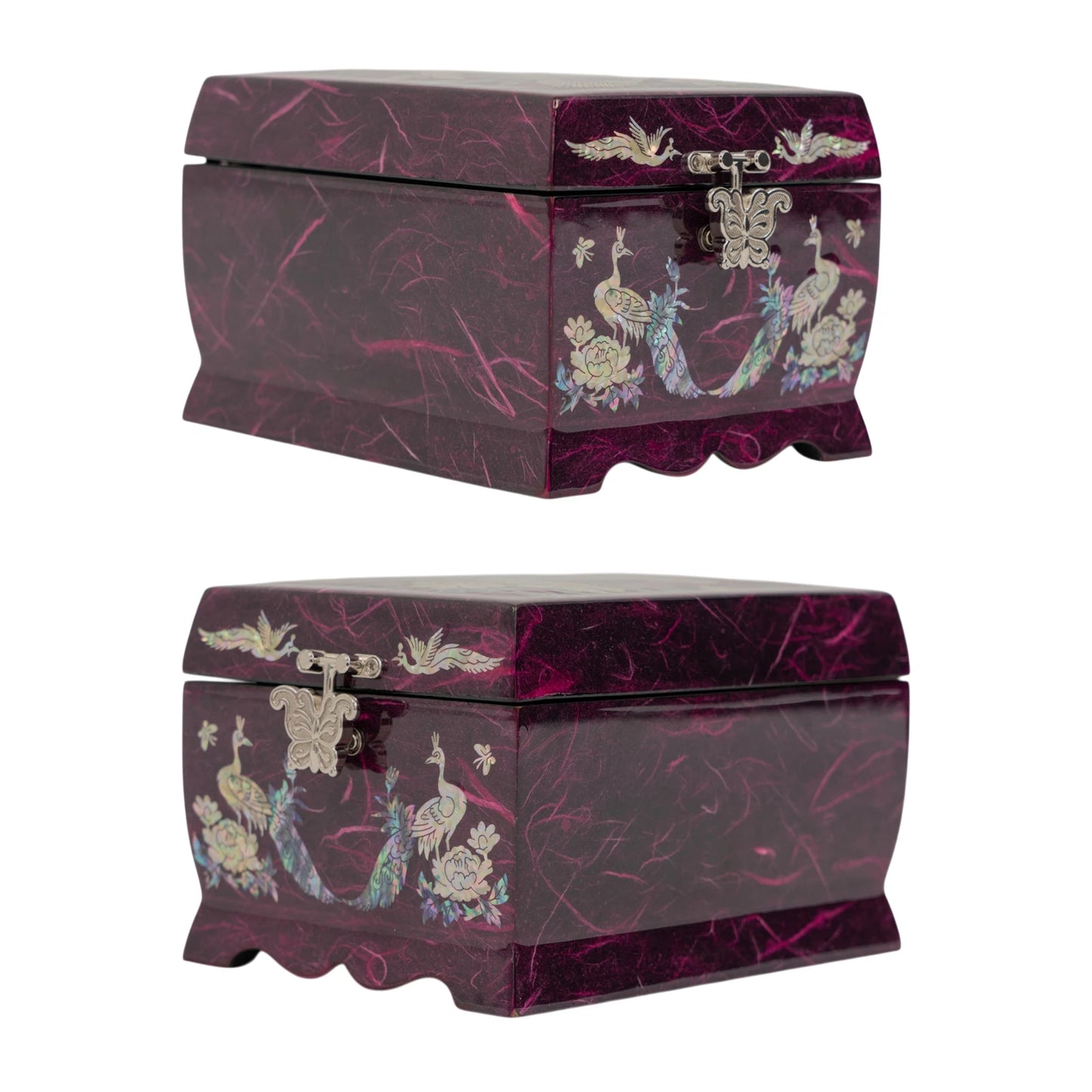 Side and front angles of a purple jewelry box with a fibrous marble pattern and radiant mother-of-pearl peacock and floral accents.